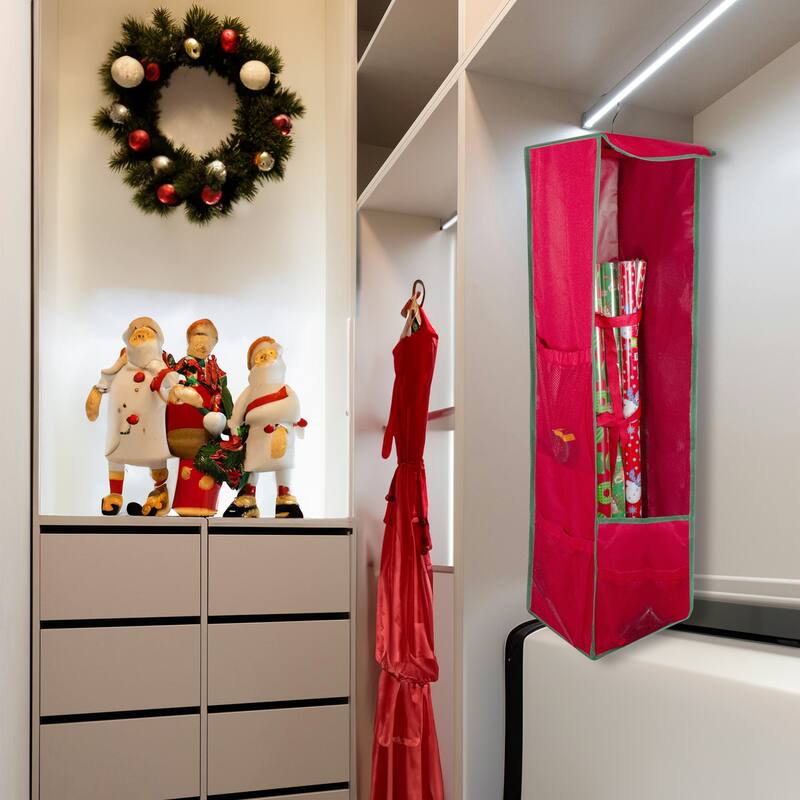 36" Vertical Red and Green Hanging Christmas Decoration Organizer Storage Bag