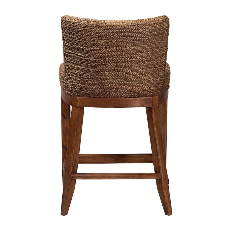 Ridley Seagrass Counter Stool with Mahogany Wood Frame - Coastal Seating with Woven Square Back and Cushioned Seat for Kitchen