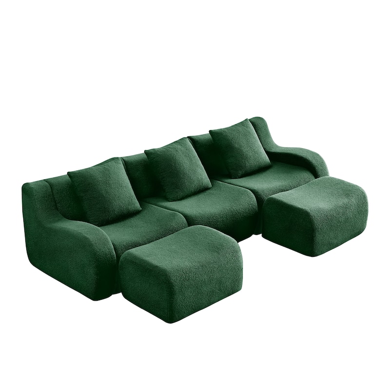 Sectional Couches for Living Room U-Shaped Boneless Couch, 3-Seat Sofa with Movable Ottoman, Floor Modular Teddy Fabric Sofa