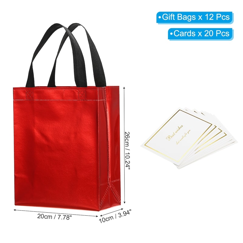 Gift Bags with Cards, 12 Set 8" Reusable Non-Woven Gift Goodie Bags - 10"x8"x4" - Red