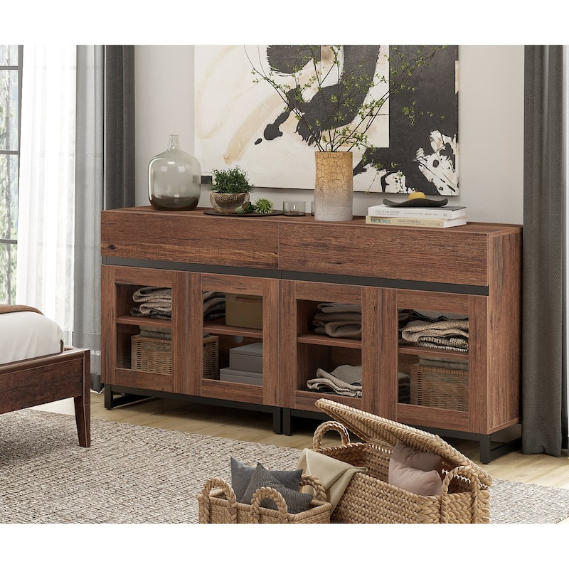 Modern Dresser With Glass Doors, Drawer, And Adjustable Shelf - Multifunctional Storage Cabinet For Living Room Or Bedroom - Brown - 2-drawer
