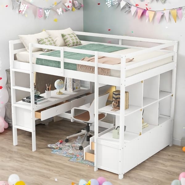 slide 2 of 36, Full Size Multifunctional Loft Bed with Two Drawers, and Storage Shelves and Drawers White