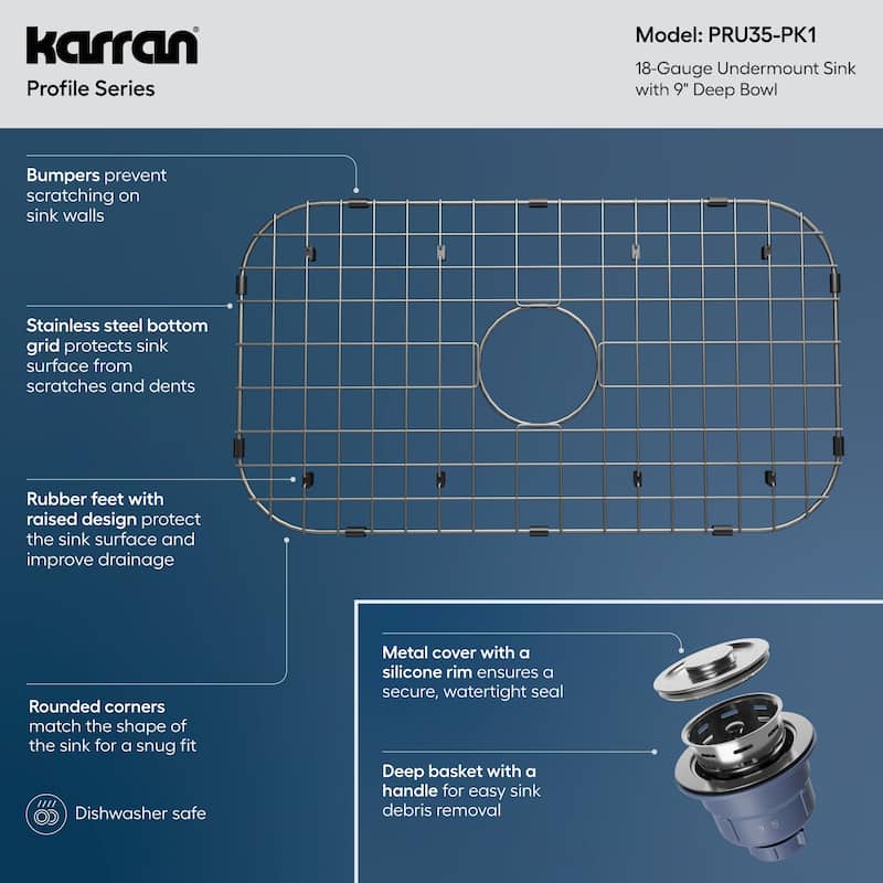 Karran Profile 30” Undermount 18 Gauge Single Bowl Stainless Steel Kitchen Sink with Accessories