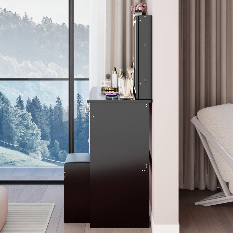 37" Middle Size Left Drawer Vanity Table + Cushioned Stool, Extra Large Right Sliding Mirror, Multi Layer High Capacity Storage
