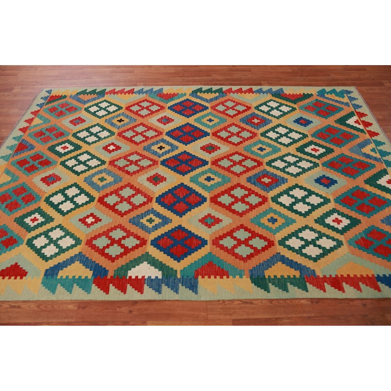 Hand Woven Oriental 100% Wool Carpet Southwestern Geometric Multi-Colored Kilim Area Rug - 8' 3'' X 5' 7''