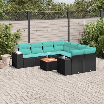 vidaXL 9 Piece Patio Sofa Set with Cushions Black Poly Rattan - 24.4 x 24.4 x 27.2