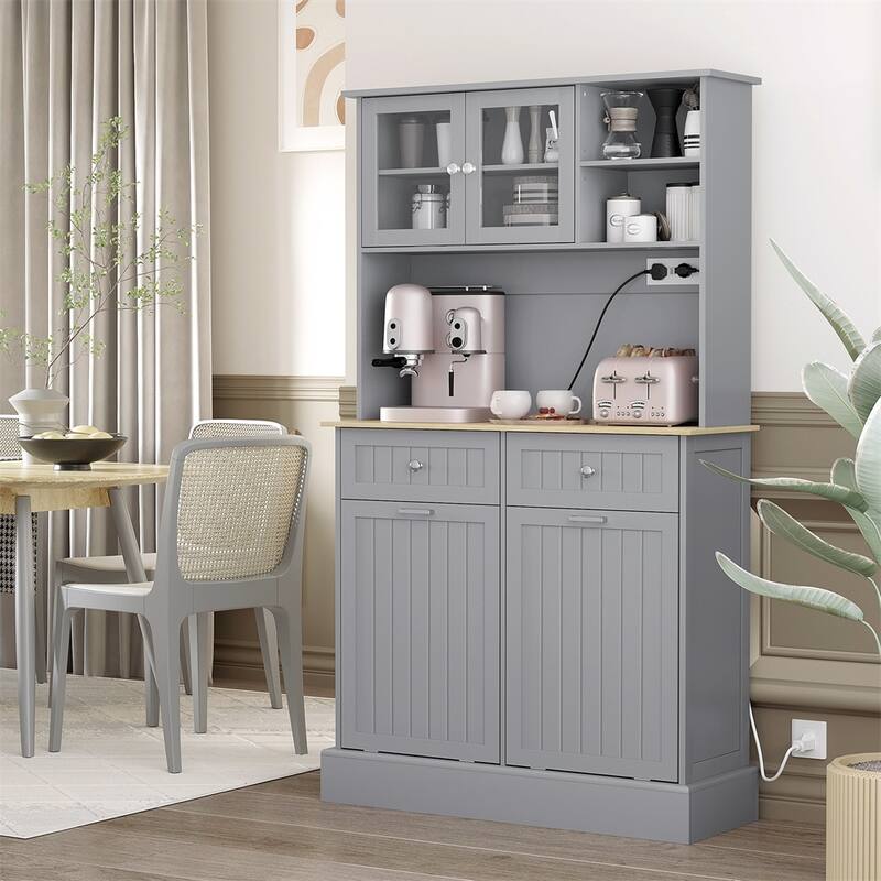 68" Kitchen Pantry Storage Cabinet w/Charging Station,Trash Cabinets