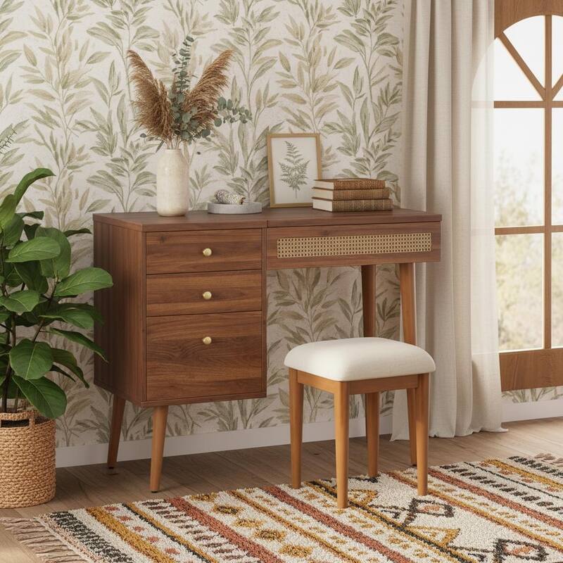 Merax Retro Rattan Flip-Top Vanity Desk with LED Mirror, 10-Compartment Storage & Cushioned Stool