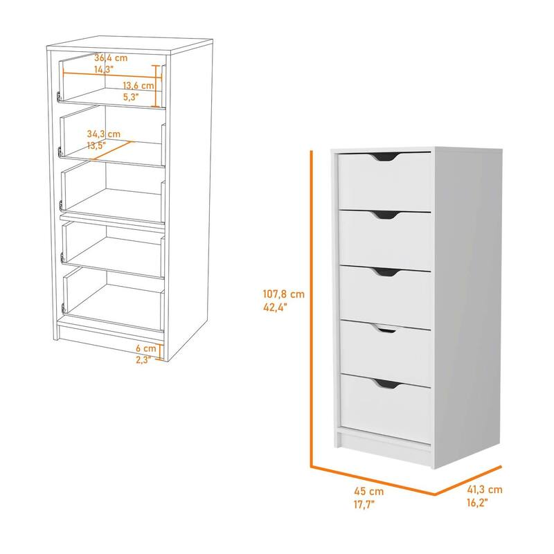 Tall Narrow 5-Drawer Chest Dresser with Slim Design, Smooth Glide Drawers, and Compact Modern Bedroom Storage