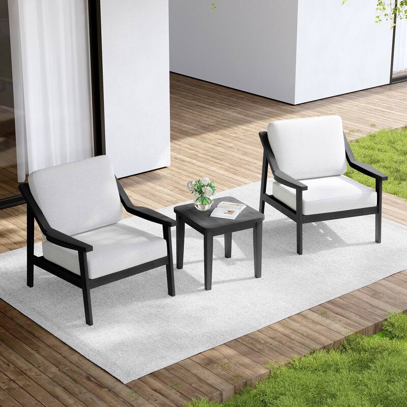 Outdoor Wood Cushioned Patio Set of 2 Accent Chair with Side Table