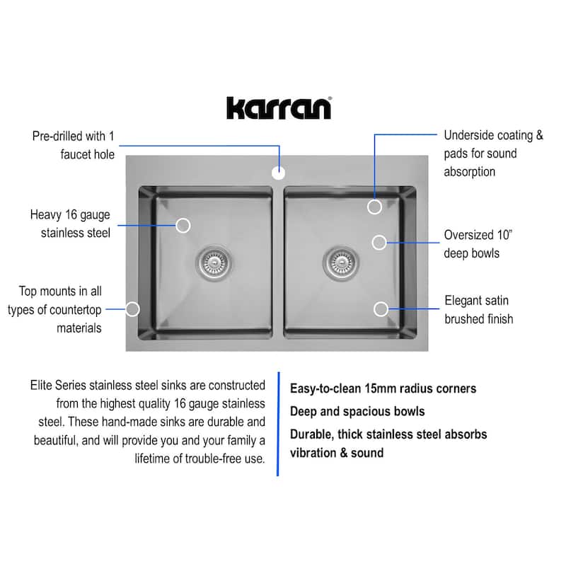 Karran 33" Top Mount Double Equal Bowl Stainless Steel Sink Kit