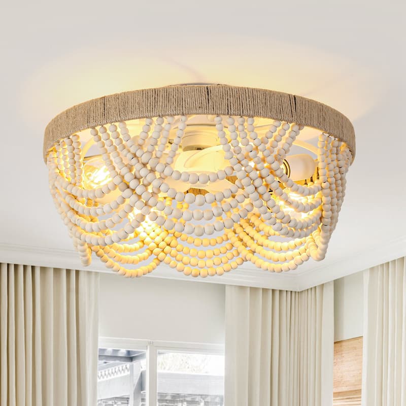 20" Smart Bohemian Wood Bead Beige Ceiling Fan with Remote and Light and APP Control - 19.7" D x 19.7" W x 10.1" H