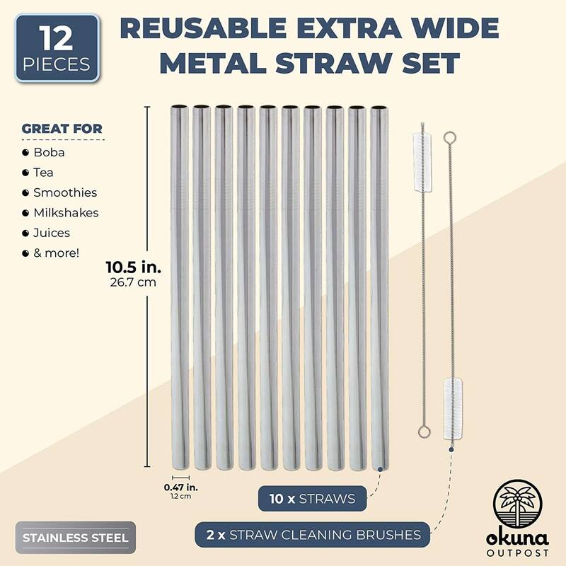 10 Extra Wide Boba Straws with 2 Cleaning Brushes, Reusable Metal (12