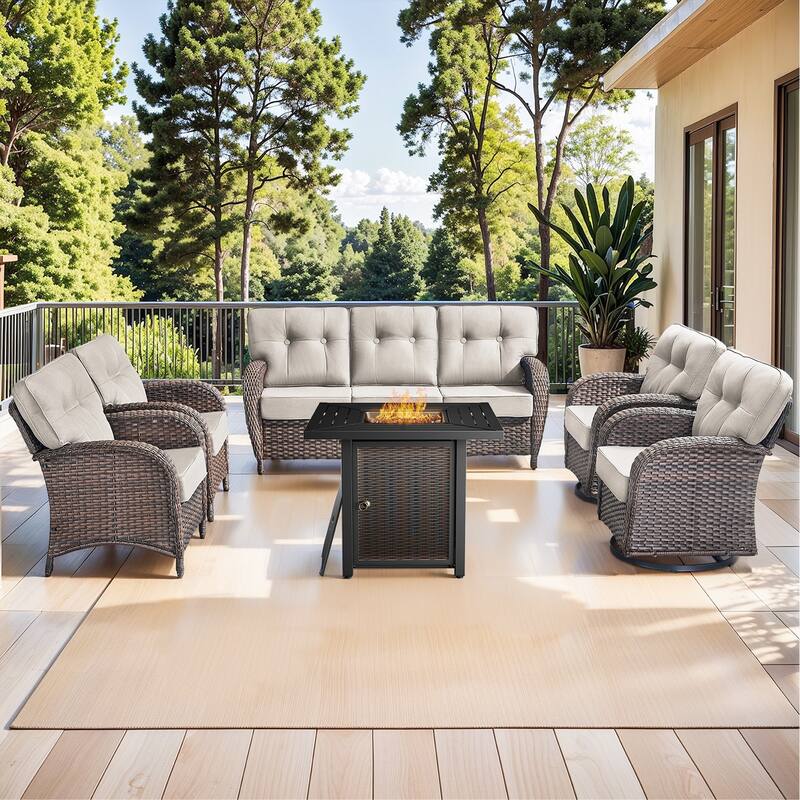 Pocassy Outdoor 30 In Fire Table with Sofa Patio Swivel Chair Set - Brown Wicker Beige Cushion - 6-Piece Sofa Patio Swivel Chair with Fire Table