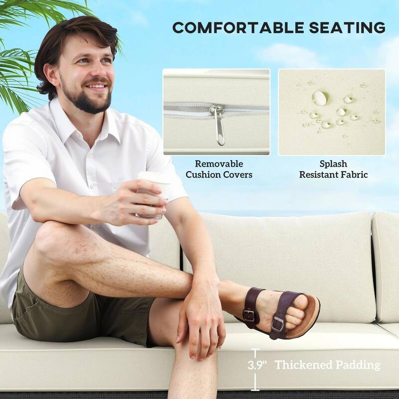 3 Seater Storage Sofa, Deep Seat Wide Armrests PE Rattan Patio, Cream