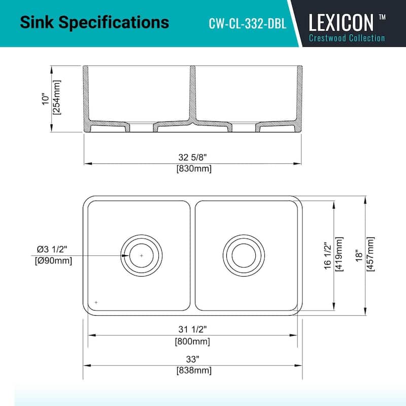 33 x 18 Inch Crestwood Farmhouse Sink, Charcoal Fireclay Kitchen Sink, Double Bowl Apron Front, Plain Farm Sink - 33x18