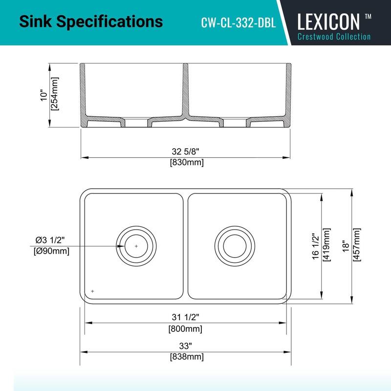 33x18 Crestwood Farmhouse Sink, White Fireclay, Double Bowl Apron Front