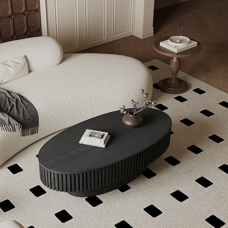 Modern Solid Wood Veneered Round/Oval Coffee Tea Table with Storage - Black-Oval