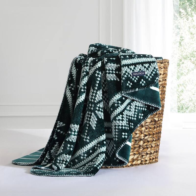 Nautica Printed Plush Fleece Reversible Throw Blanket