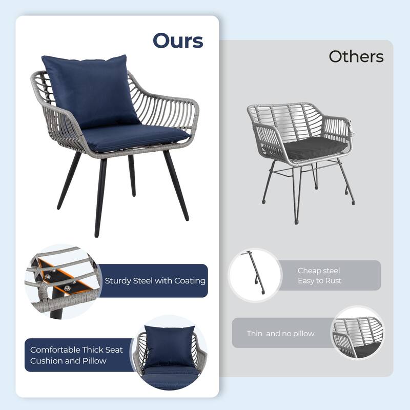 5-Piece Outdoor Wicker Bistro Chairs Set with 2 Armchair, 2 Ottoman, and Glass Coffee Table