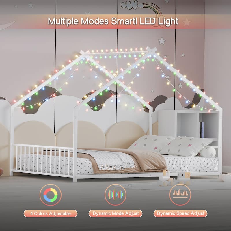 Full Size Children'S Bed Frame With Led Light Strips,Roof-Shaped Iron Frame Bed