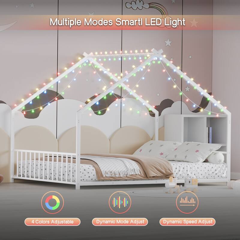 Full size children's bed frame with LED light strips, roof-shaped iron frame bed, White