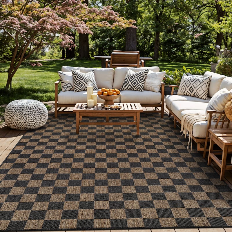 World Rug Gallery Checkered Indoor/Outdoor Flat Woven Area Rug - 9' x 12' - Dark Gray