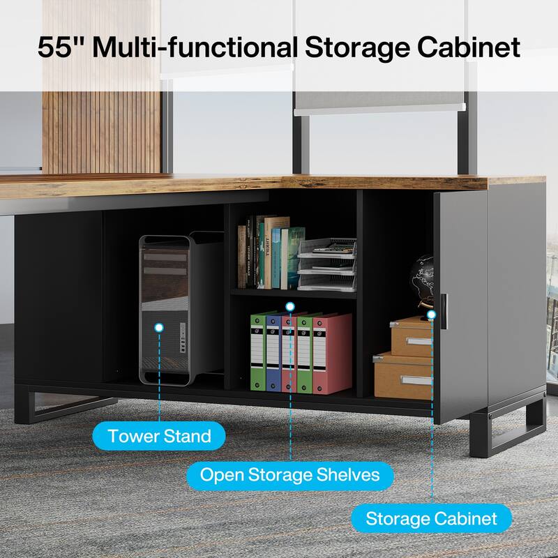 70.8-Inch Executive Desk with 55-Inch File Cabinet, Large L Shaped Computer Desk with Storage Cabinet and Shelves