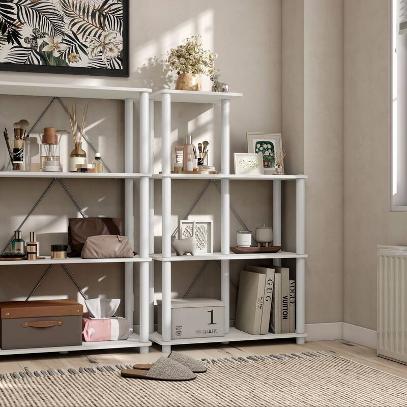 DH BASIC Modern Wood Shelving Unit with storage - Tier Shelves, Cube Ladder Shelf by Denhour