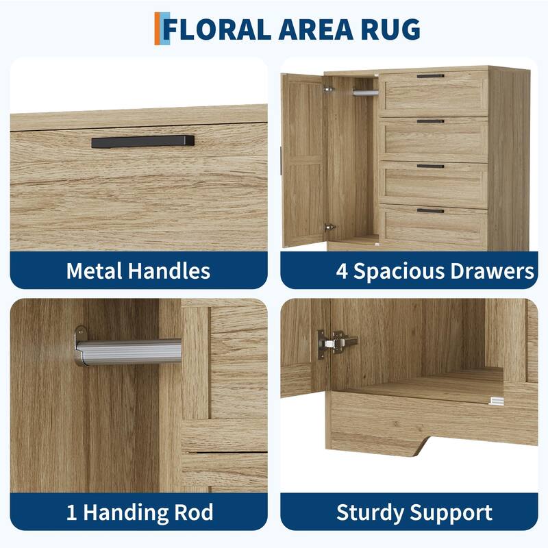 43.3'' Small Wardrobe Closet, Wardrobe Cabinet with Door, 4 Drawers and Handing Rod, Wooden Clothes Cabinet