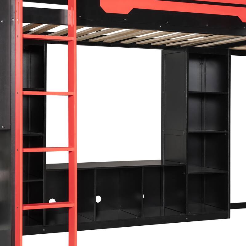 L-shaped Bunk Bed Twin Size Gaming Loft Bed with Desks, TV Stand, Shelves, Light Strip, Charging Station and Reversible Layout