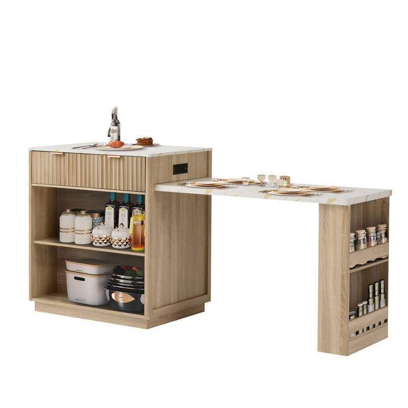82.6" Fluted Kitchen Island with Extendable Dining Table and Power Outlet for Modern Kitchen Spaces