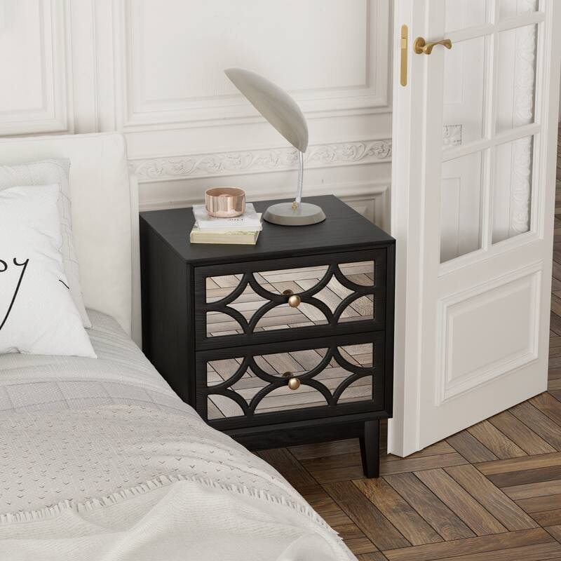 COZAYH Contemporary 2-Drawer Nightstand with Mirror Fronts, Elegant Geometric Design Bedside Table for Bedroom