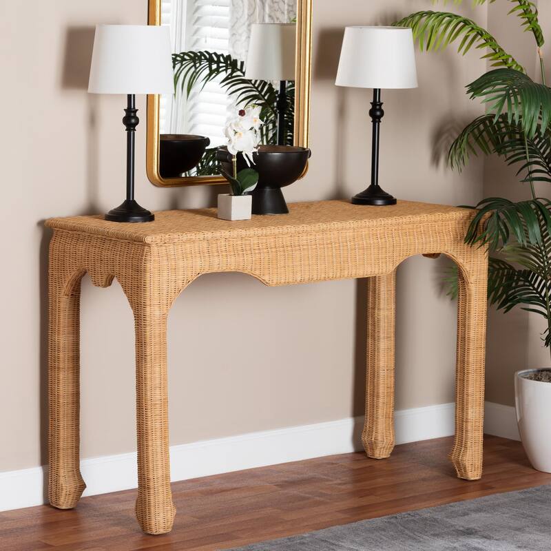 Abena Handwoven Natural Rattan Console Table - Ming Style Wicker Table, Boho Coastal Style for Hallway or Living Room