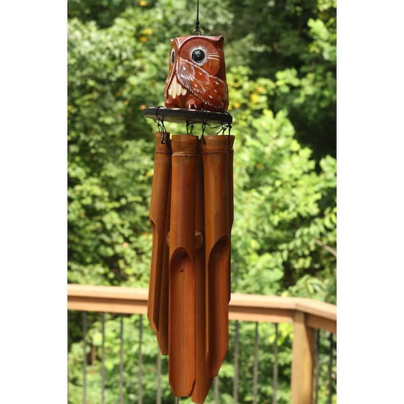 Handmade Wooden Speak No Evil Owl Bamboo Wind Chime Wood Statue Figurine Hoot Sculpture Art Rustic Patio Garden Outdoor Decor