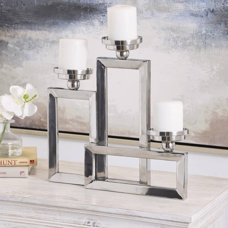 Stainless Steel Metal Geometric Open Frame Decorative Candelabra with Overlapping Rectangles - Silver - Roche River Decor