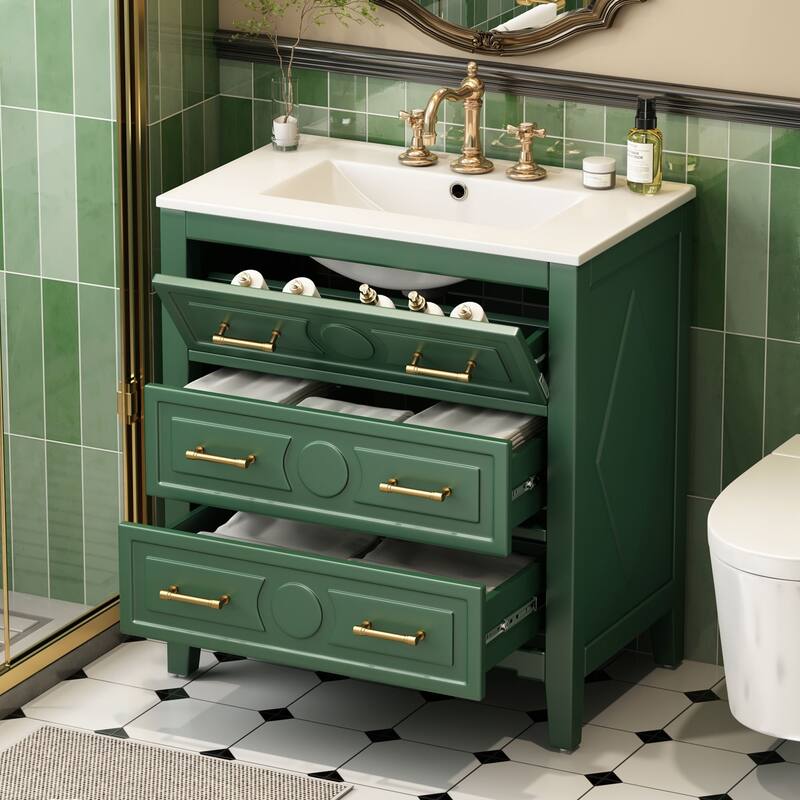30-Inch Retro Green Bathroom Vanity with Ceramic Sink, Solid Wood Frame, and Soft-Close Drawers
