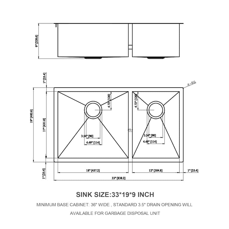 33 Inch Undermount Sink Deep Double Bowl 60/40 18 Gauge Stainless Steel Kitchen Sink - 33*19*9 inch