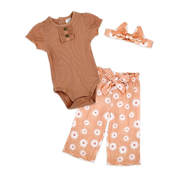 slide 2 of 5, Toddler Girls 3 Piece Breezy Daisy Bodysuit, Pants and Headband Set, Peach 12 months