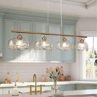 Modern 4-Light Gold Chandeliers 44 IN Linear Textured Glass Island Lights for Dining Room - W44.5" x H68.2" Max