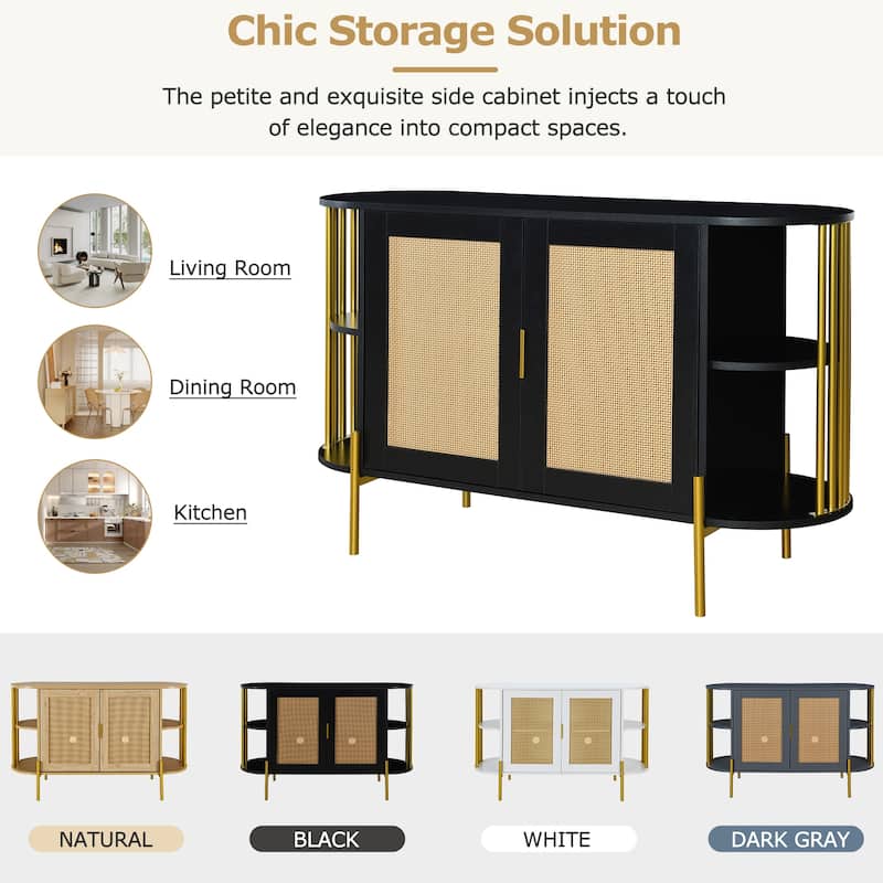 2-Door Elegant Curved Dining Cabinet with Gold Trim and Woven Rattan Doors for Dining Room (Black)