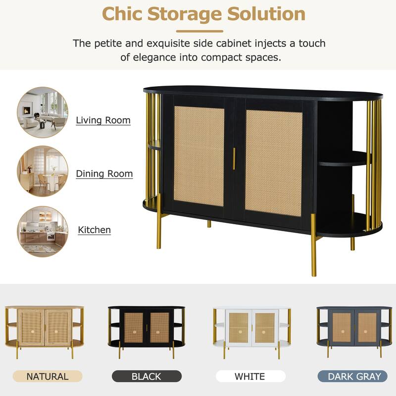 Dining Room Cabinet with Rounded Corners, Rattan Doors & Gold Handles for Elegant Storage