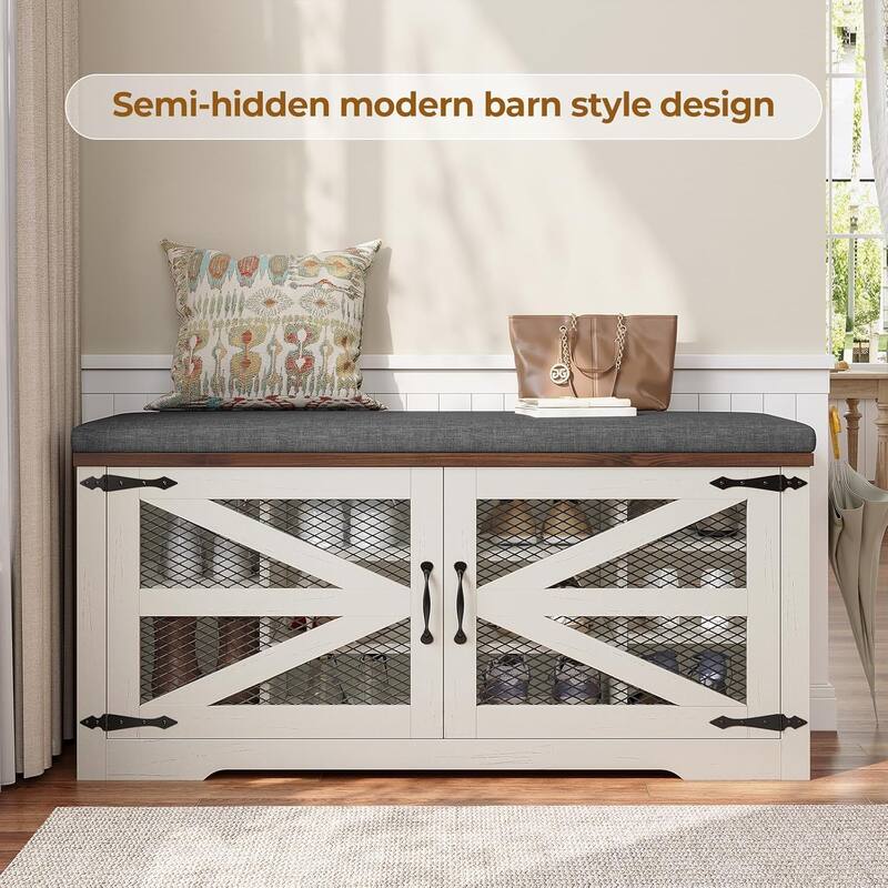 Storage Bench with Cushion Adjustable Shelf Shoe Rack Cabinet