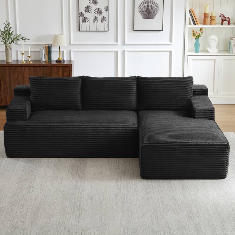 L-Shaped Modular Sectional Sofa with Chaise Lounge, Comfy Corduroy Deep Seat Cloud Couch, Compressed 4 Seat Corner Sofa - Black