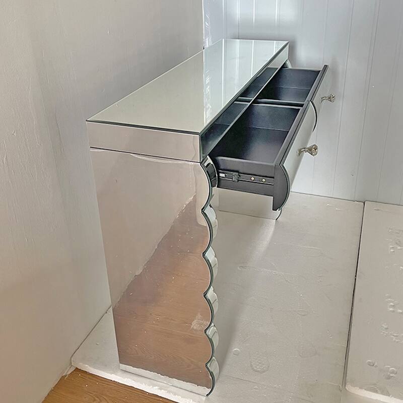 Silver Mirrored Console Table with Curved Mirror Front & 2 Drawers, Modern Dressing Table for Hallway & Living Room