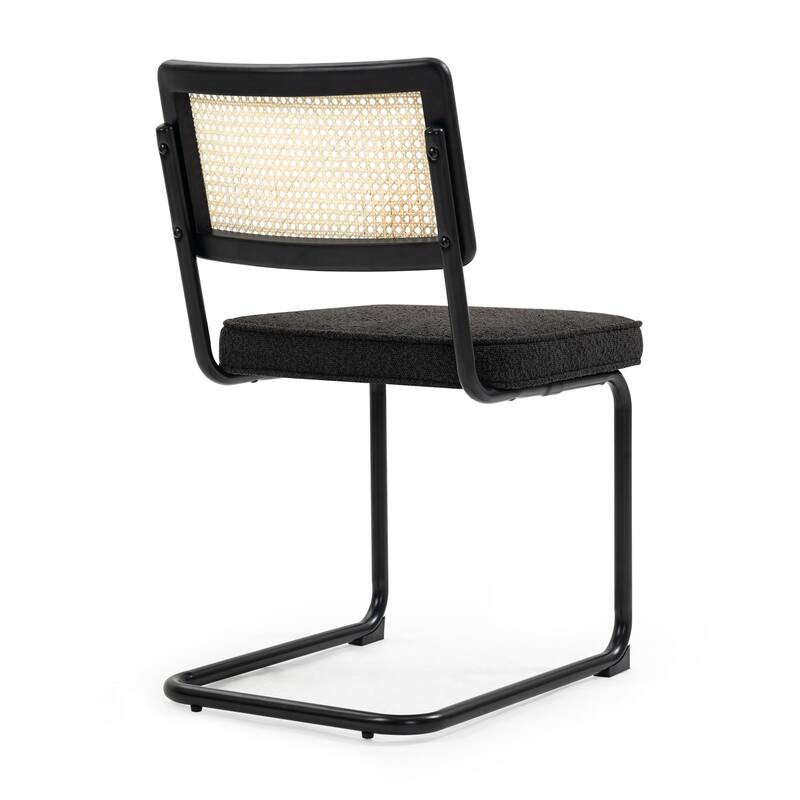 Set of 2 Aziel Black Boucle Dining Chair with Rattan Backrest and Black Iron Legs