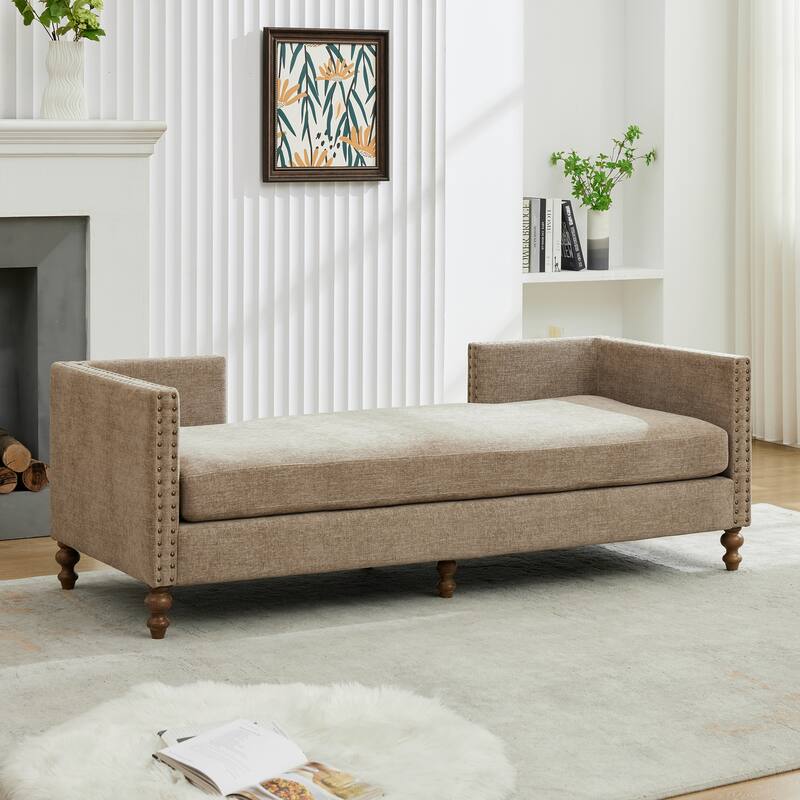 75.2"Wide Upholstered Chaise Lounge with Nailheads, Sleeper Sofa Couch With 4 Throw Pillows & 2 Bolsters, Rubberwood Legs