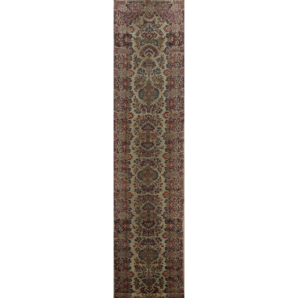 Hand Knotted Oriental 100% Wool Carpet Traditional Floral Beige & Ivories Kerman Runner Rug - 19' 3'' X 3' 1''