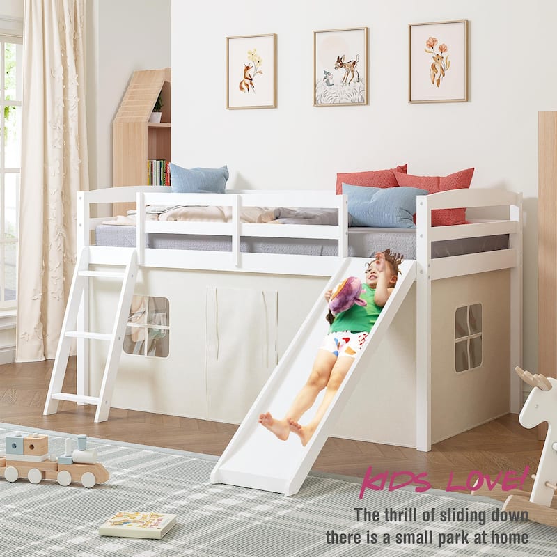 COSTARS Kids Loft Bed with Slide and Ladder, Solid Wood Twin Loft Bed with Tent and Guardrails