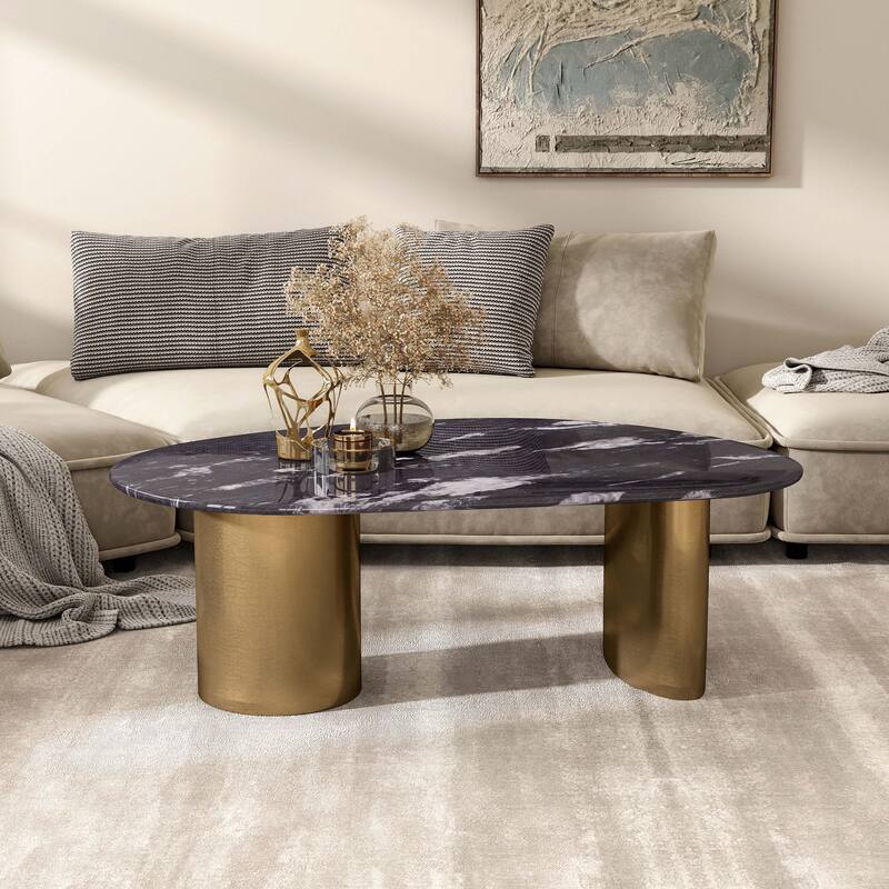 Furniture of America Luvien Modern Grey Sintered Stone Top Oval Coffee Table with Gold Legs